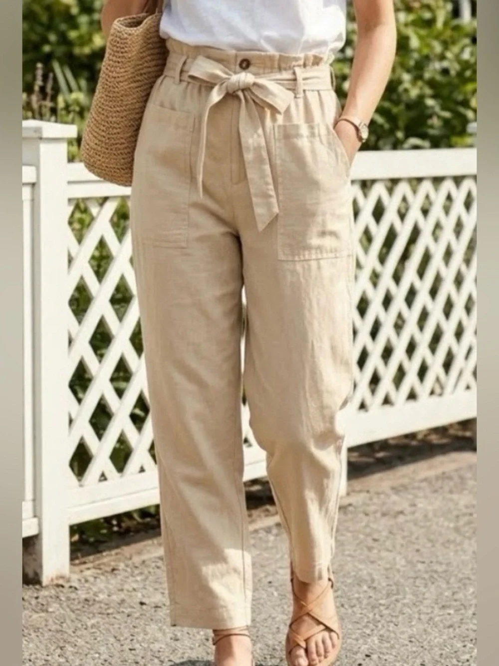 H&M Beige Paperbag Waist Trousers with Tie Size M
